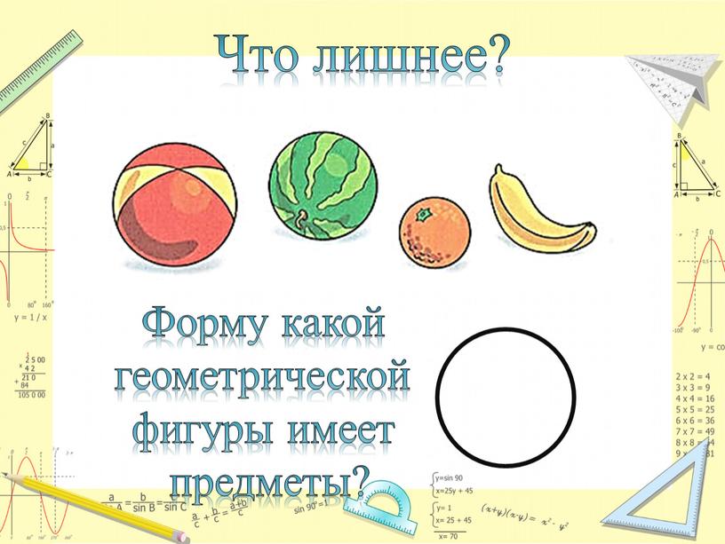 Что лишнее? Форму какой геометрической фигуры имеет предметы?