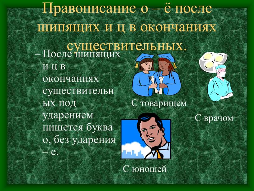 Правописание о – ё после шипящих и ц в окончаниях существительных