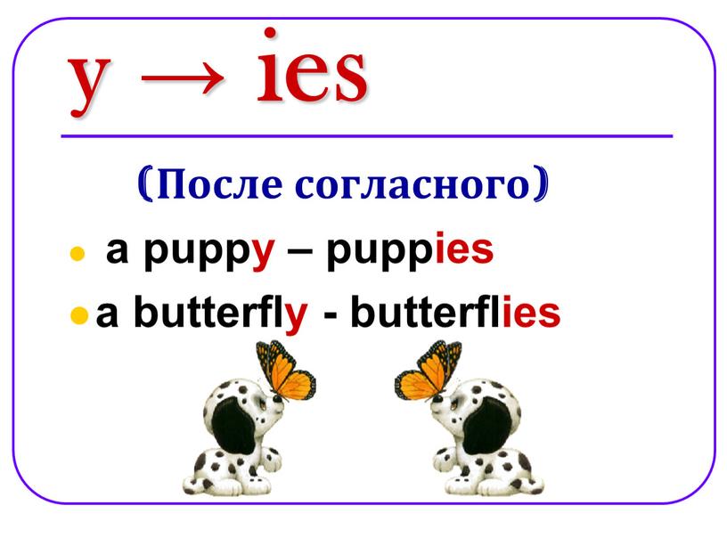 После согласного) a puppy – puppies a butterfly - butterflies