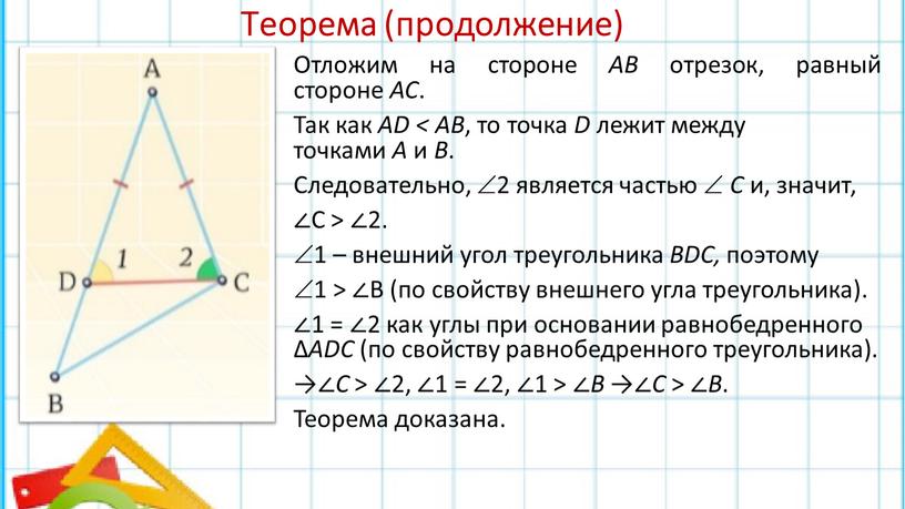 Теорема (продолжение) Отложим на стороне