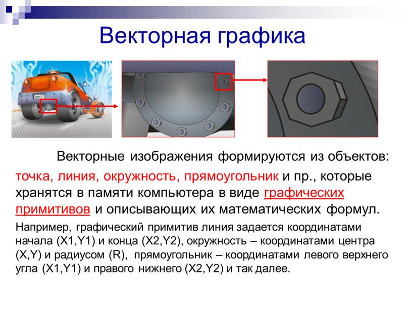 Векторная графика Векторные изображения формируются из объектов: точка, линия, окружность, прямоугольник и пр