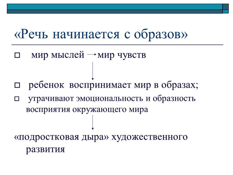 Речь начинается с образов» мир мыслей мир чувств ребенок воспринимает мир в образах; утрачивают эмоциональность и образность восприятия окружающего мира «подростковая дыра» художественного развития