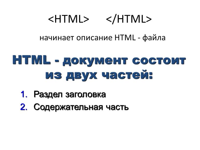 HTML - файла HTML - документ состоит из двух частей: