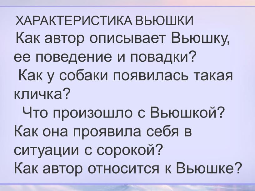 ХАРАКТЕРИСТИКА ВЬЮШКИ Как автор описывает