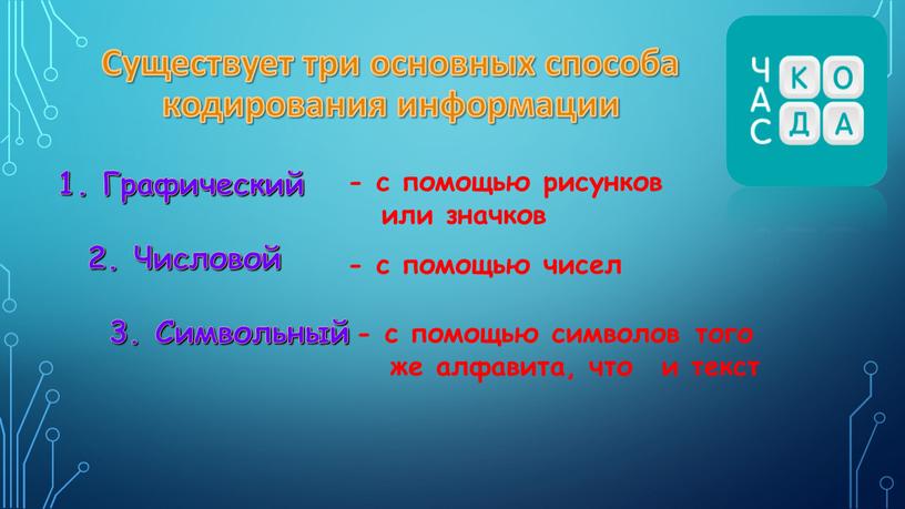 Существует три основных способа кодирования информации