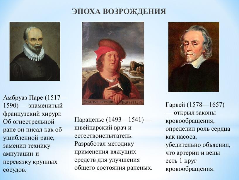 ЭПОХА ВОЗРОЖДЕНИЯ Амбруаз Паре (1517—1590) — знаменитый французский хирург