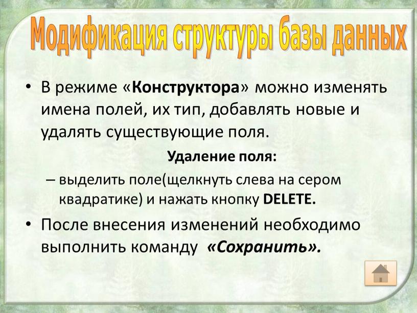 В режиме « Конструктора » можно изменять имена полей, их тип, добавлять новые и удалять существующие поля