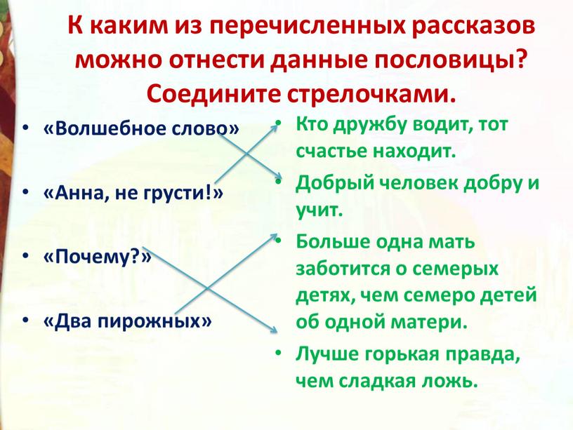 К каким из перечисленных рассказов можно отнести данные пословицы?