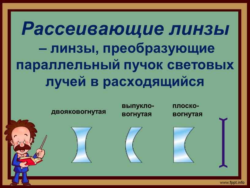 Рассеивающие линзы – линзы, преобразующие параллельный пучок световых лучей в расходящийся двояковогнутая выпукло-вогнутая плоско-вогнутая