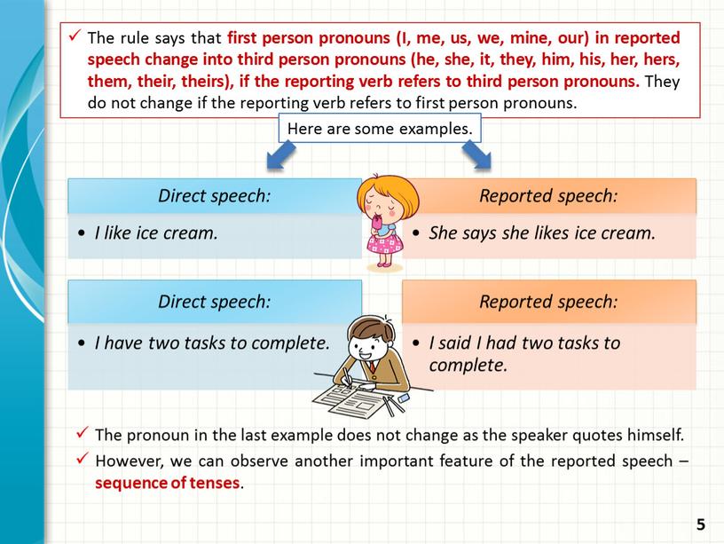 The rule says that first person pronouns (I, me, us, we, mine, our) in reported speech change into third person pronouns (he, she, it, they,…