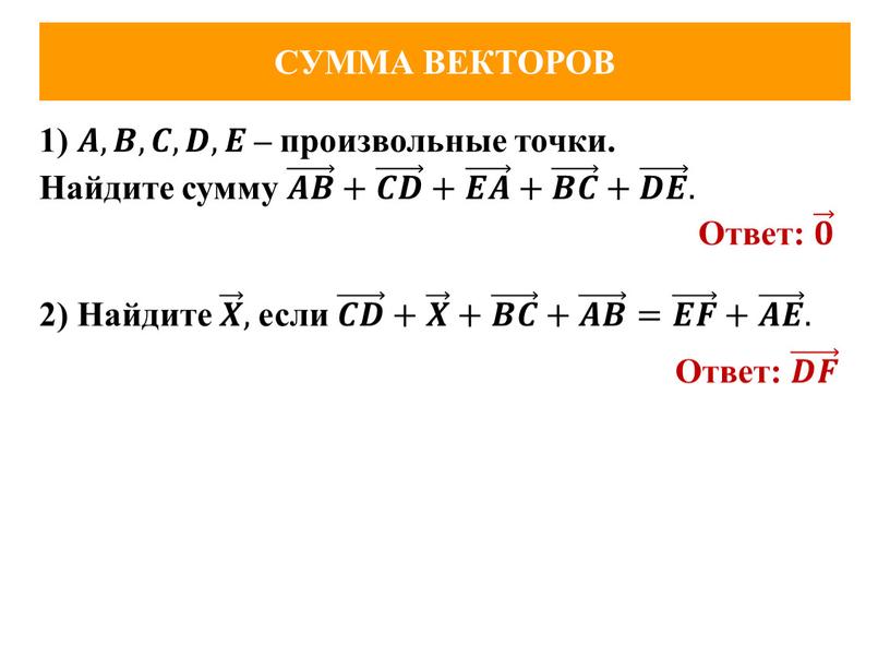 СУММА ВЕКТОРОВ 1) 𝑨𝑨, 𝑩𝑩, 𝑪𝑪, 𝑫𝑫, 𝑬𝑬 – произвольные точки