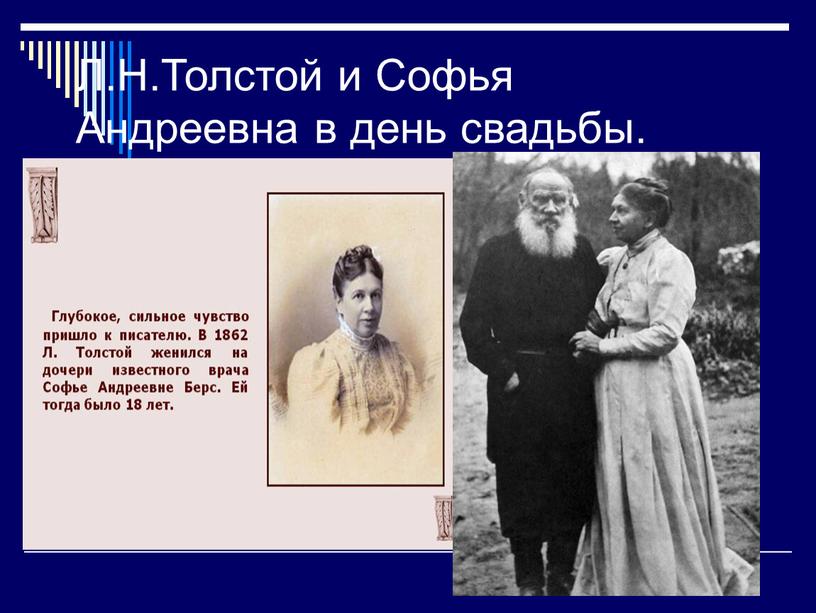 Л.Н.Толстой и Софья Андреевна в день свадьбы