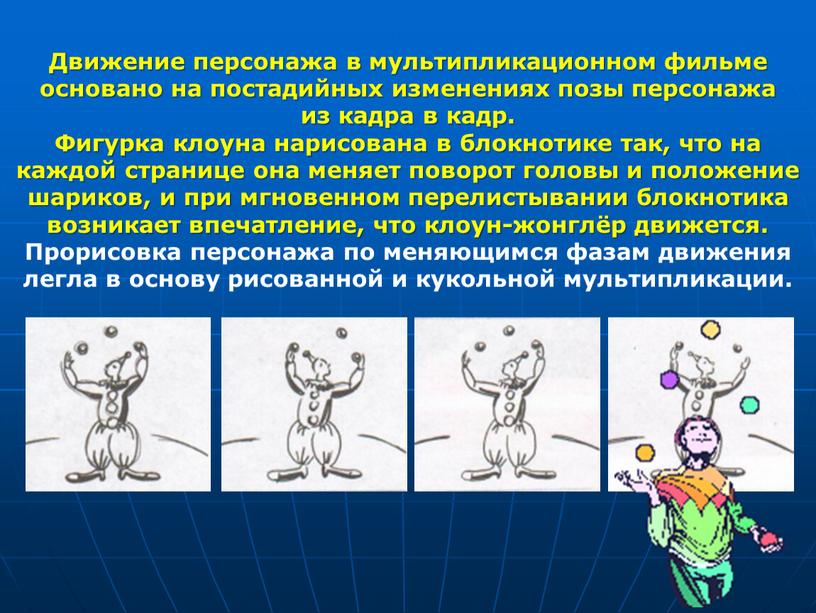 Движение персонажа в мультипликационном фильме основано на постадийных изменениях позы персонажа из кадра в кадр