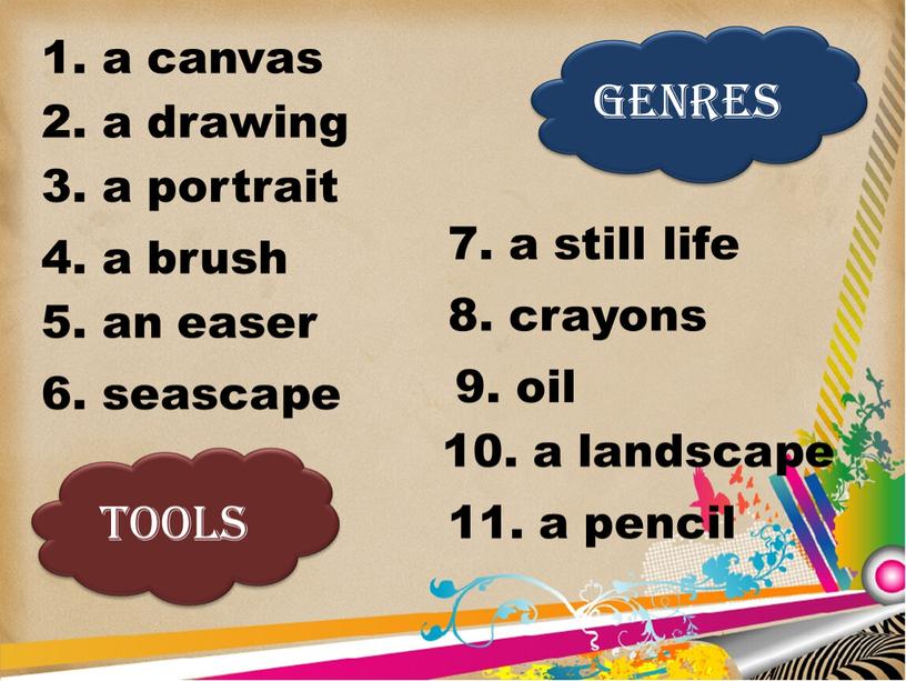 GENRES TOOLS 1. a canvas 5. an easer 4