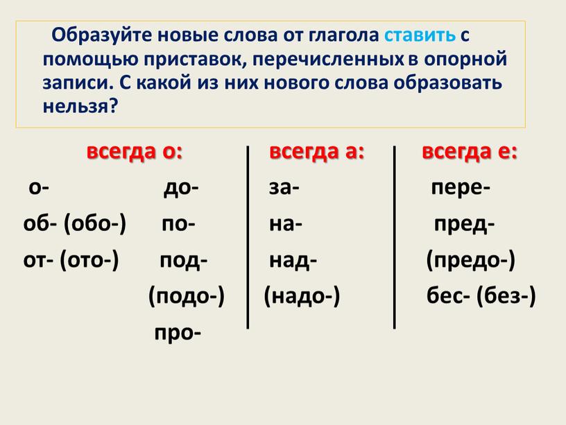 В приставках пишется: всегда о: о- до- об- (обо-) по- от- (ото-) под- (подо-) про- всегда а: всегда е: за- пере- на- пред- над- (предо-)…