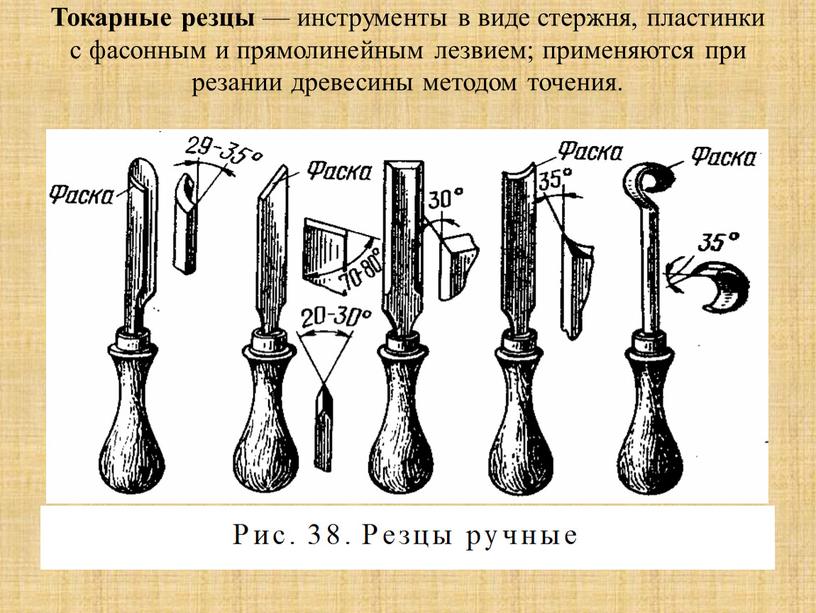 Токарные резцы — инструменты в виде стержня, пластинки с фасонным и прямолинейным лезвием; применяются при резании древесины методом точения