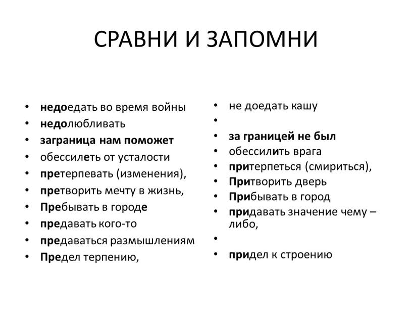 СРАВНИ И ЗАПОМНИ недо едать во время войны недо любливать заграница нам поможет обессил е ть от усталости пре терпевать (изменения), пре творить мечту в…