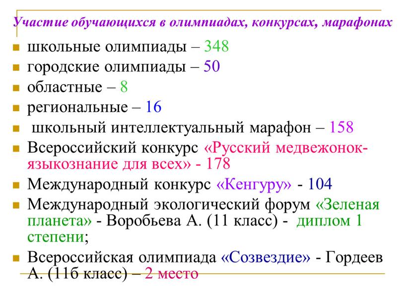 Участие обучающихся в олимпиадах, конкурсах, марафонах школьные олимпиады – 348 городские олимпиады – 50 областные – 8 региональные – 16 школьный интеллектуальный марафон – 158