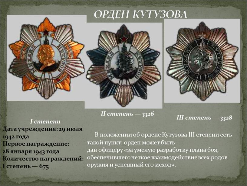 ОРДЕН КУТУЗОВА I степени Дата учреждения: 29 июля 1942 года