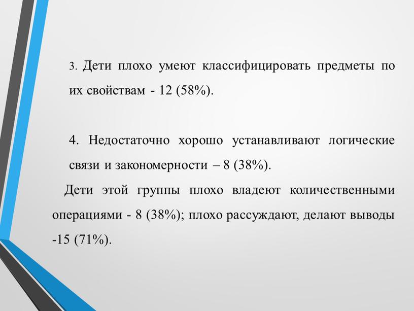 Дети плохо умеют классифицировать предметы по их свойствам - 12 (58%)