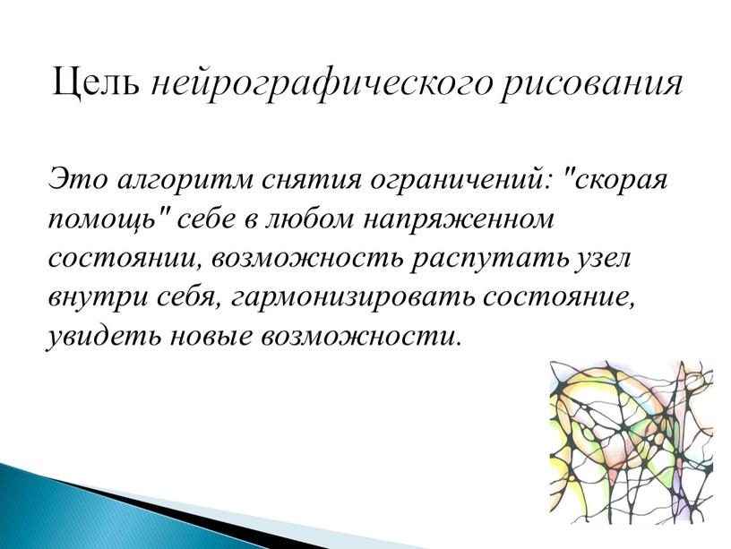 Это алгоритм снятия ограничений: "скорая помощь" себе в любом напряженном состоянии, возможность распутать узел внутри себя, гармонизировать состояние, увидеть новые возможности