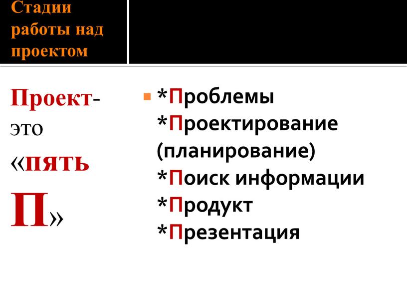 Стадии работы над проектом *Проблемы *Проектирование (планирование) *Поиск информации *Продукт *Презентация