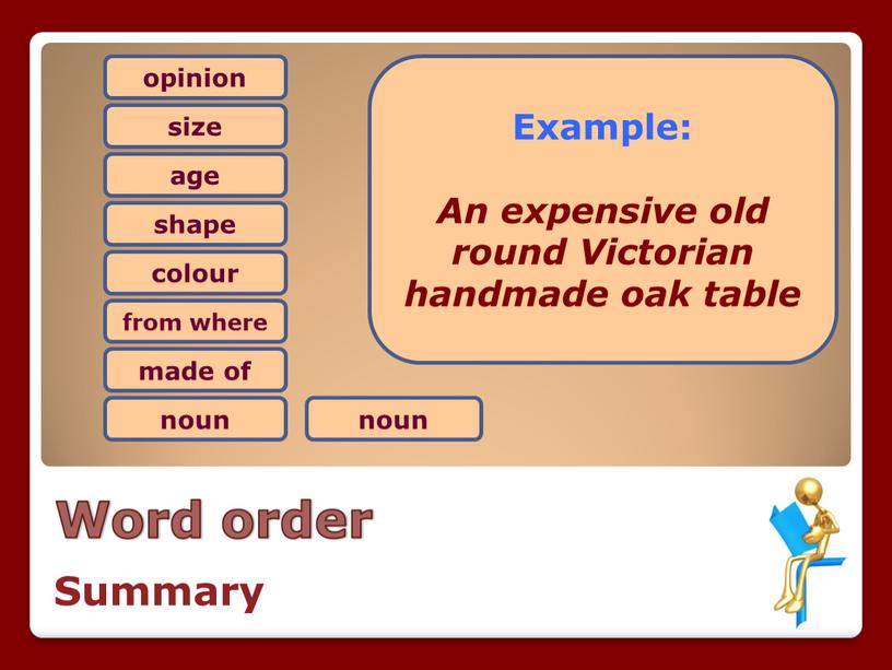Word order opinion size age shape colour from where made of noun noun