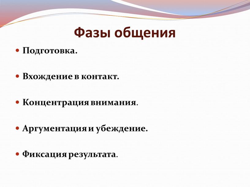 Фазы общения Подготовка. Вхождение в контакт