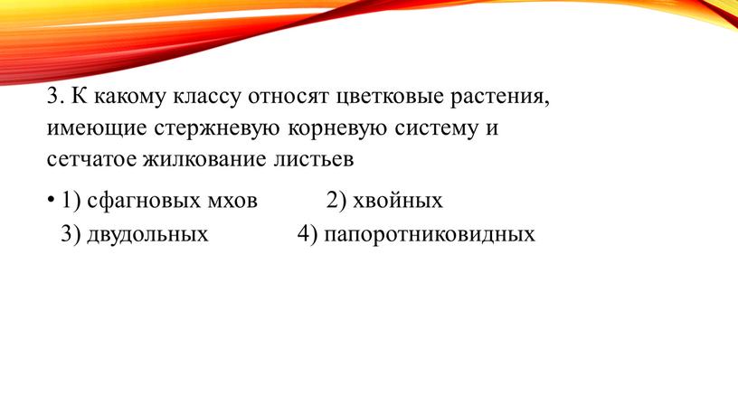 К какому классу относят цветковые растения, имеющие стержневую корневую систему и сетчатое жилкование листьев 1) сфагновых мхов 2) хвойных 3) двудольных 4) папоротниковидных