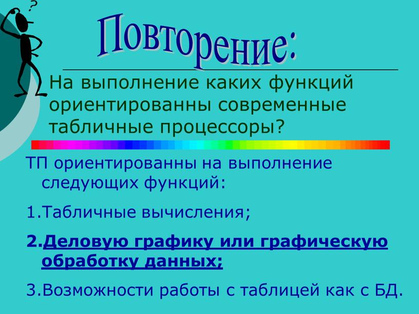 Повторение: На выполнение каких функций ориентированны современные табличные процессоры?