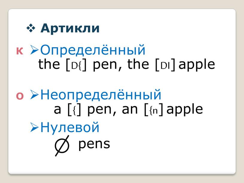 Артикли К О Определённый the [D{] pen, the [DI] apple