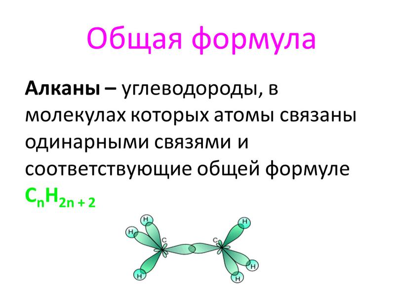 Общая формула Алканы – углеводороды, в молекулах которых атомы связаны одинарными связями и соответствующие общей формуле