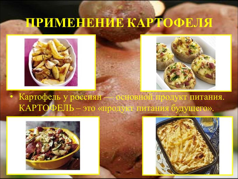 ПРИМЕНЕНИЕ КАРТОФЕЛЯ Картофель у россиян — основной продукт питания