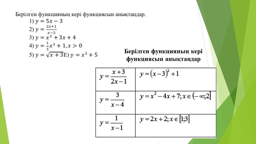 Берілген функцияның кері функциясын анықтаңдар