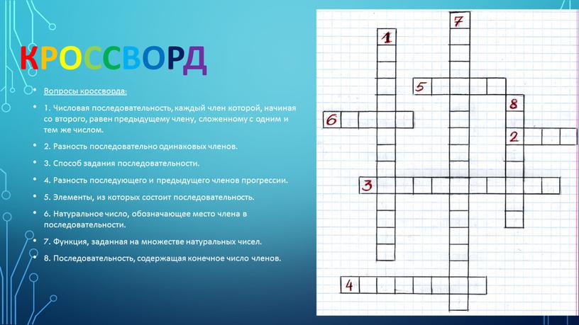 Вопросы кроссворда: 1. Числовая последовательность, каждый член которой, начиная со второго, равен предыдущему члену, сложенному с одним и тем же числом