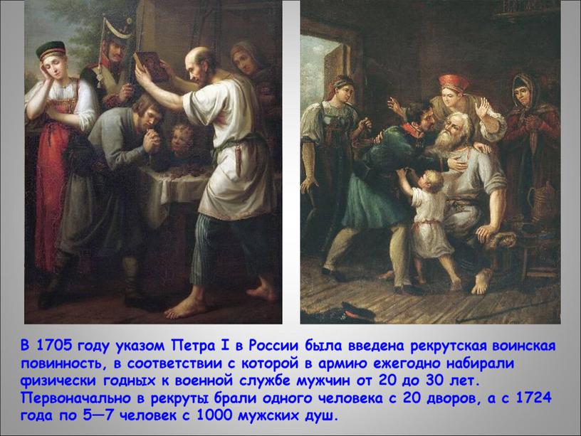 В 1705 году указом Петра I в России была введена рекрутская воинская повинность, в соответствии с которой в армию ежегодно набирали физически годных к военной…