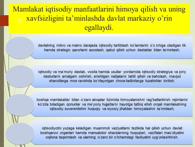 Mamlakat iqtisodiy manfaatlarini himoya qilish va uning xavfsizligini ta’minlashda davlat markaziy o’rin egallaydi