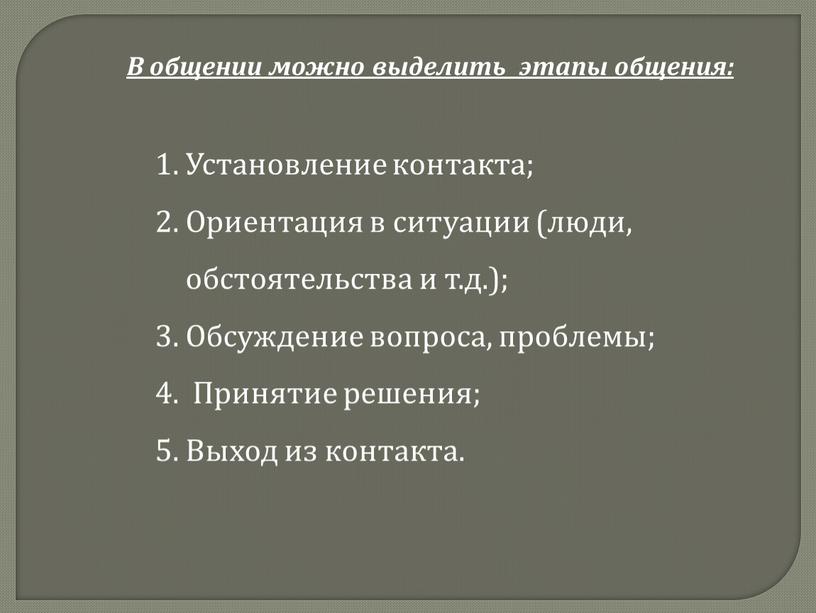 Установление контакта; Ориентация в ситуации (люди, обстоятельства и т