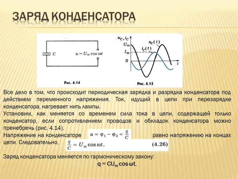 Заряд конденсатора Все дело в том, что происходит периодическая зарядка и разрядка конденсатора под действием переменного напряжения