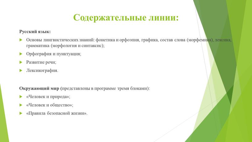 Содержательные линии: Русский язык: