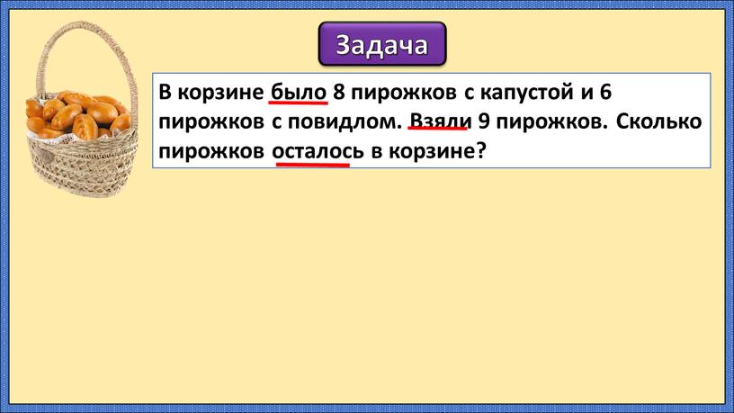 Задача В корзине было 8 пирожков с капустой и 6 пирожков с повидлом