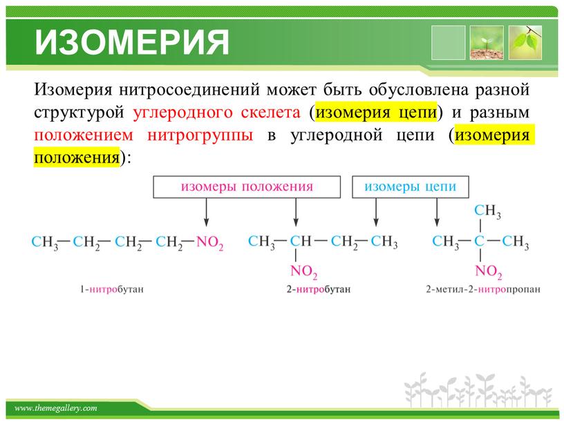 ИЗОМЕРИЯ Изомерия нитросоединений может быть обусловлена разной структурой углеродного скелета (изомерия цепи) и разным положением нитрогруппы в углеродной цепи (изомерия положения):