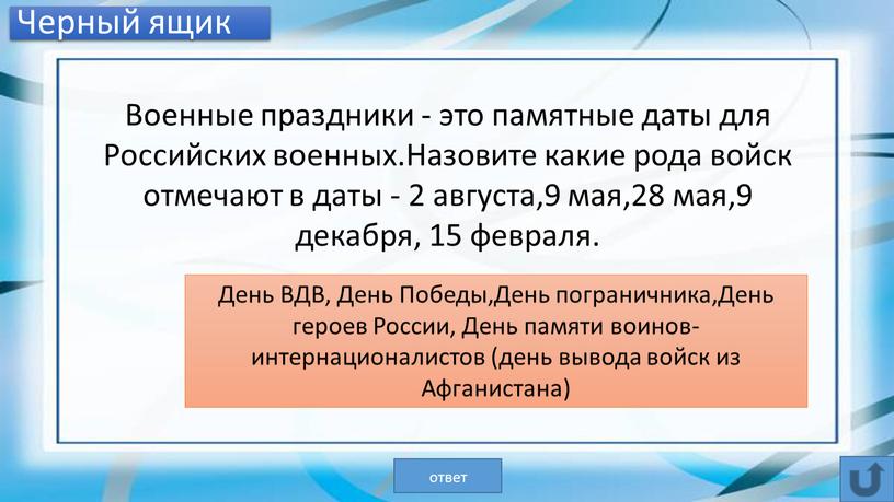 Черный ящик Военные праздники - это памятные даты для