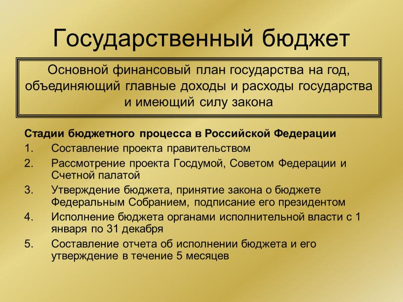 Государственный бюджет Стадии бюджетного процесса в