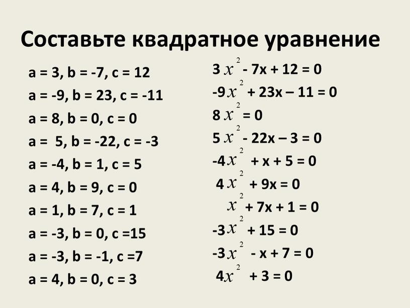 Составьте квадратное уравнение a = 3, b = -7, c = 12 a = -9, b = 23, c = -11 a = 8, b…