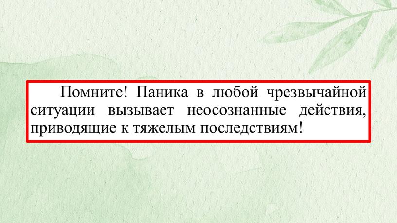 Помните! Паника в любой чрезвычайной ситуации вызывает неосознанные действия, приводящие к тяжелым последствиям!