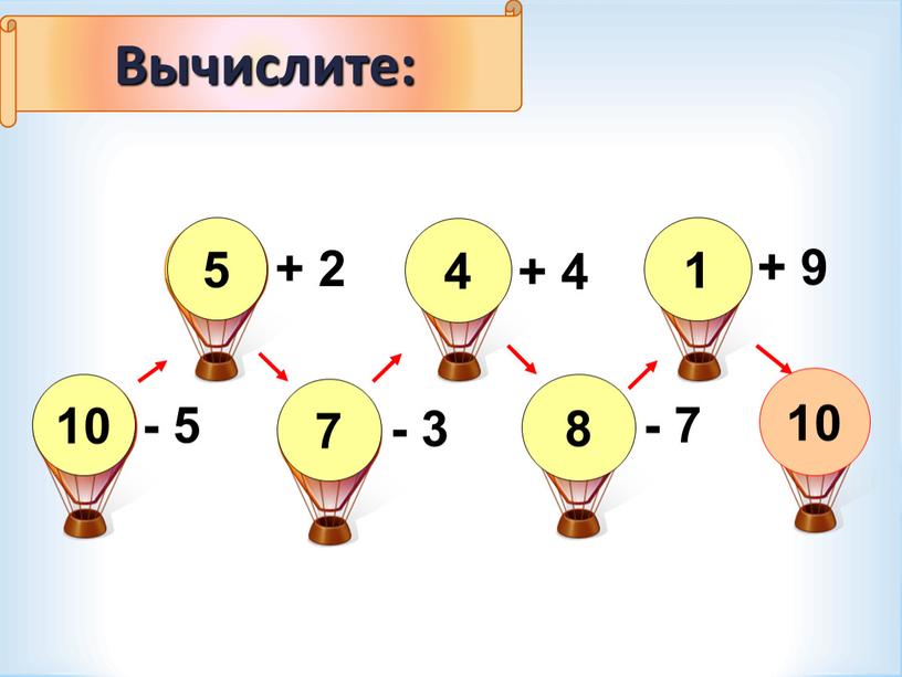 - 5 - 3 - 7 + 4 + 9 + 2 Вычислите: 10 10 5 7 4 8 1