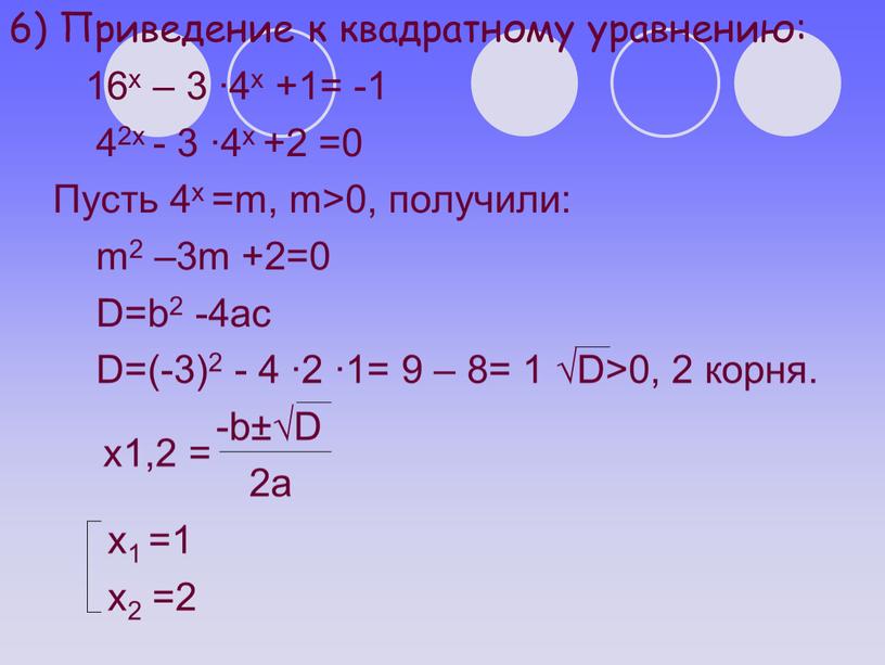 Приведение к квадратному уравнению: 16х – 3 ∙4х +1= -1 42х - 3 ∙4х +2 =0