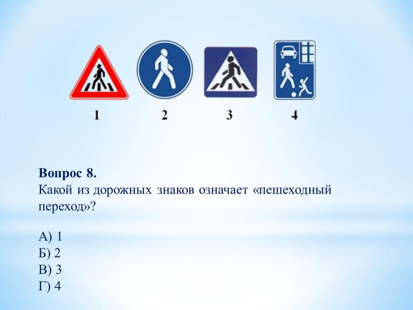 Вопрос 8. Какой из дорожных знаков означает «пешеходный переход»?