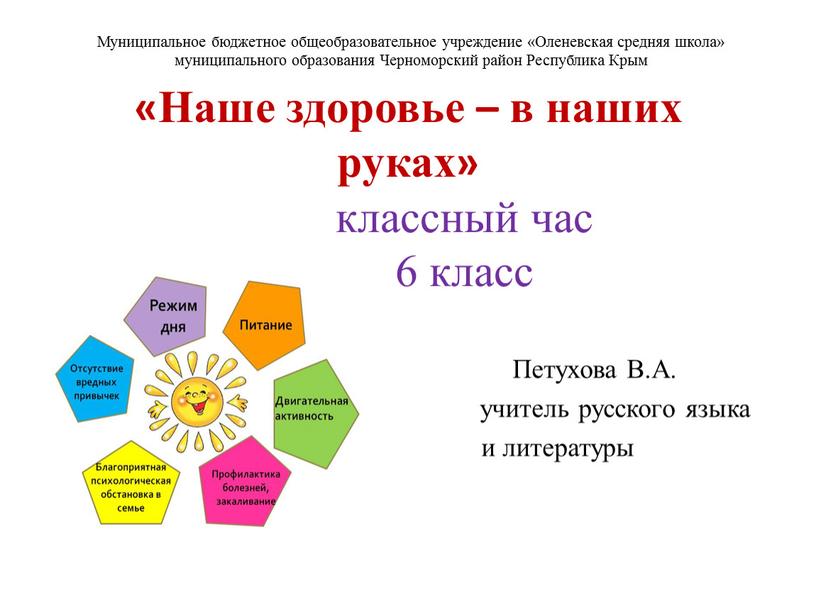 Наше здоровье – в наших руках» классный час 6 класс